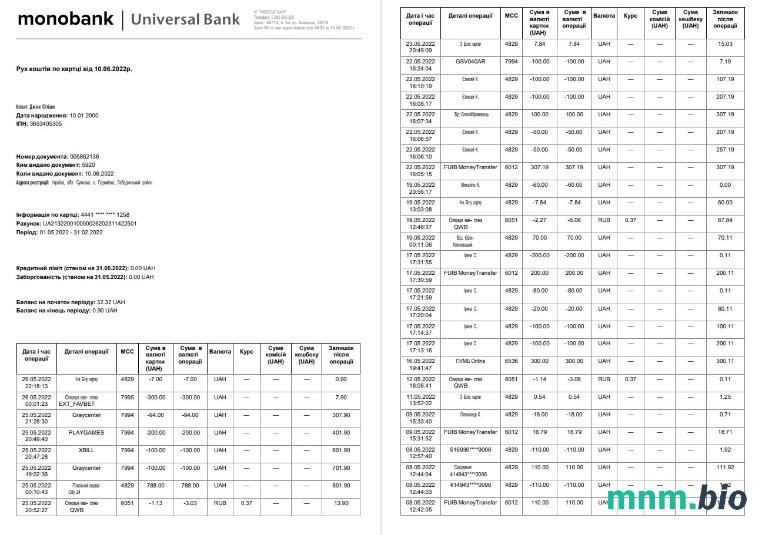 Wyciąg bankowy Ukraine Icard 3-6 miesięcy przykład Word i PDF, 2 strony